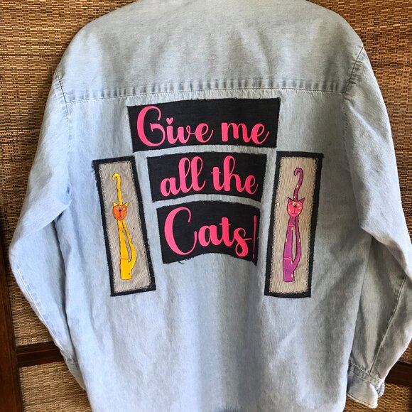 Upcycled Denim Cat Shirt: Patchwork Kitten Graphics Lightweight Jacket Size L - Picture 8 of 9
